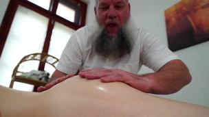 Old masseur with hairy beard licks and fucks client's pussy